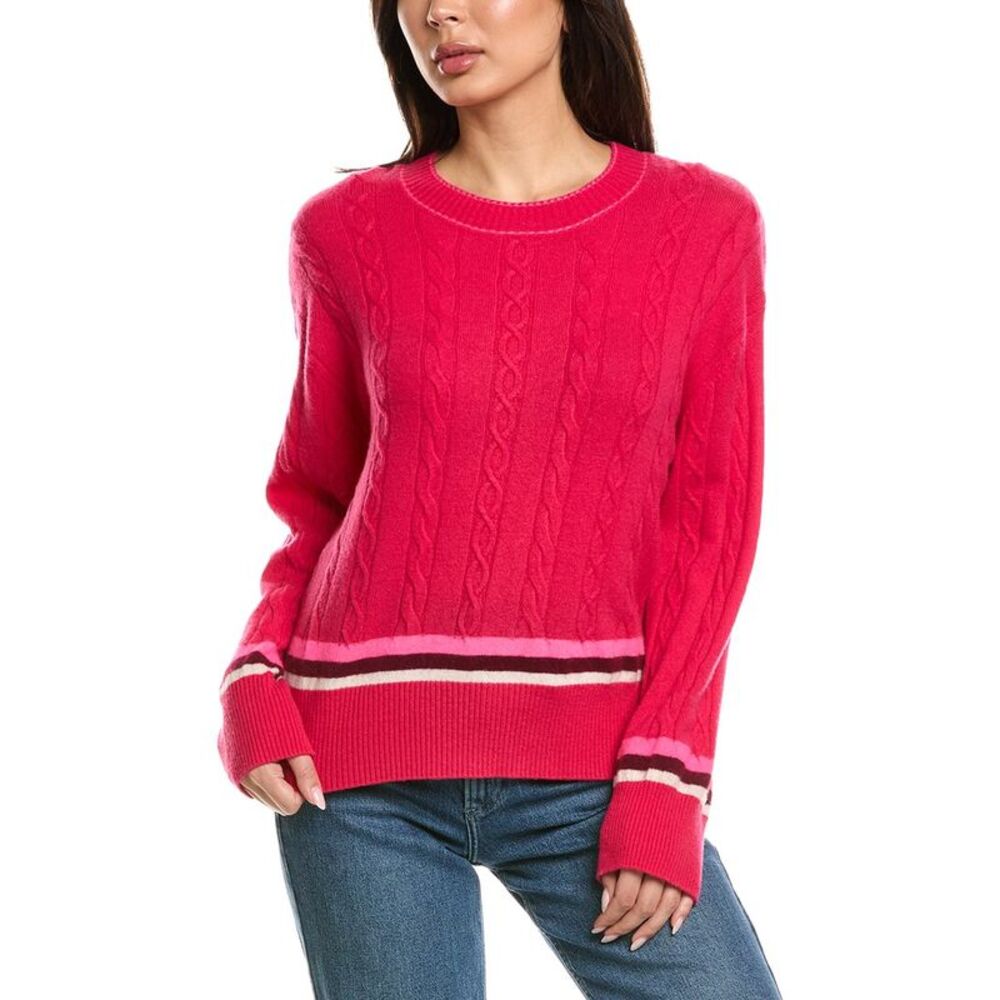 Brodie Cashmere Womens  Varsity Cable Crewneck 100% Cashmere Sweater, Pink
